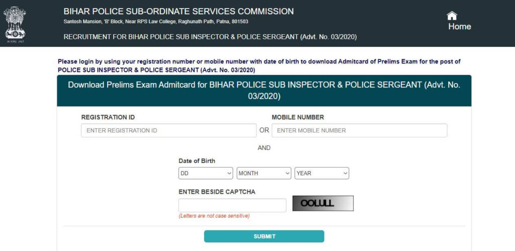Download Bihar Police SI Admit Card 2021 