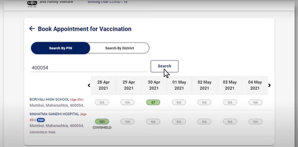 CoWIN Vaccination Slot Booking process - Selection of slot by PIN Code