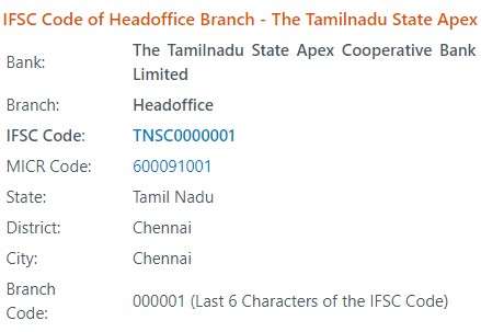 Tamil Nadu State Co-operative Bank (TNSC) IFSC