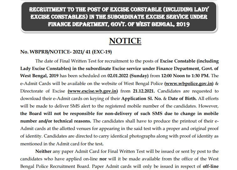 West Bengal Police Excise Constable Admit Card Notification 