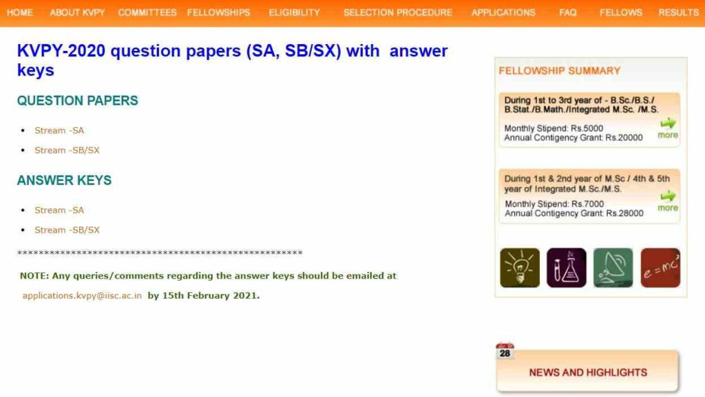 KVPY Exam Paper Pattern, Syllabus - SA, SB, SX 2021-22