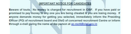 CISF Head Constable Recruitment 2022 Important Notice