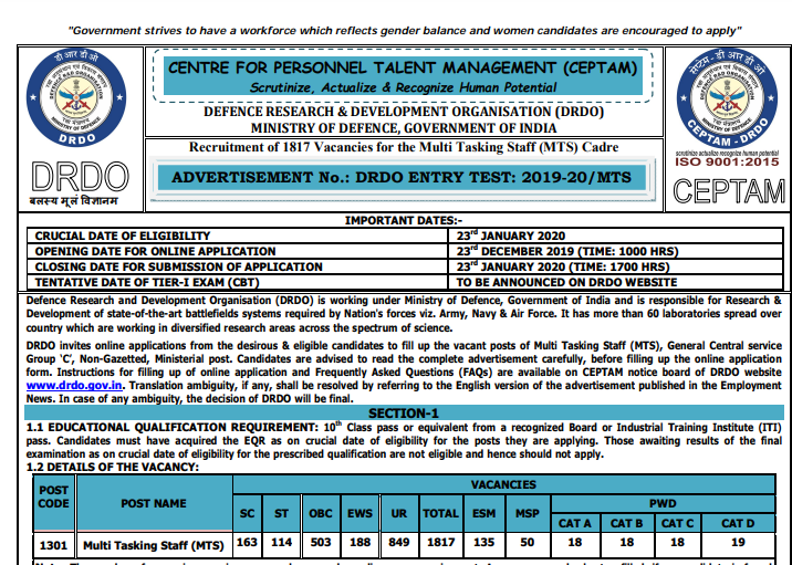 DRDO MTS Admit Card 2022